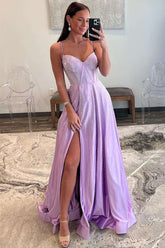 Strapless Lilac Corset A-Line Prom Dress with Rhinestones